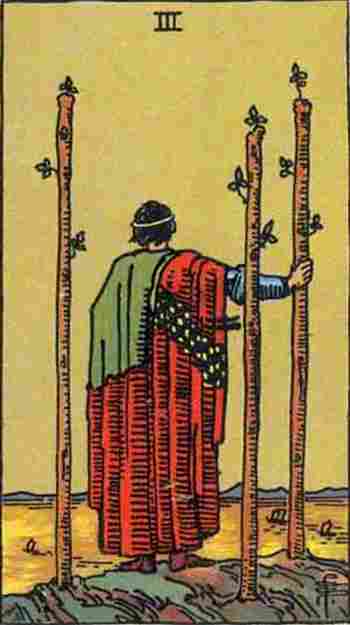 Tres de Bastos en el Tarot Rider Waite