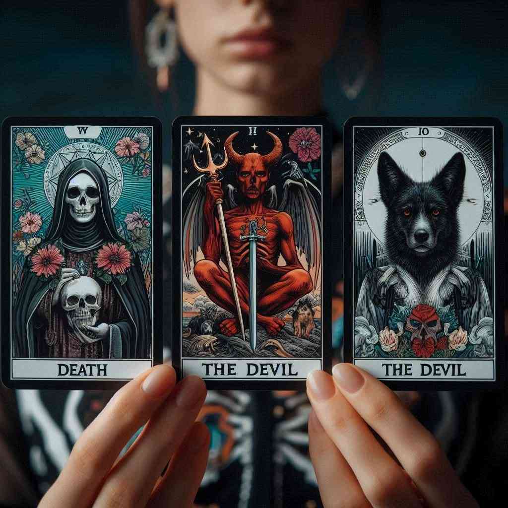 Mujer que sostiene 3 de las cartas más temidas en el Tarot