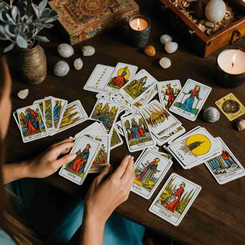 Cartas de Tarot dispersas sobre una mesa, mientras una tarotista realiza una lectura de Tarot