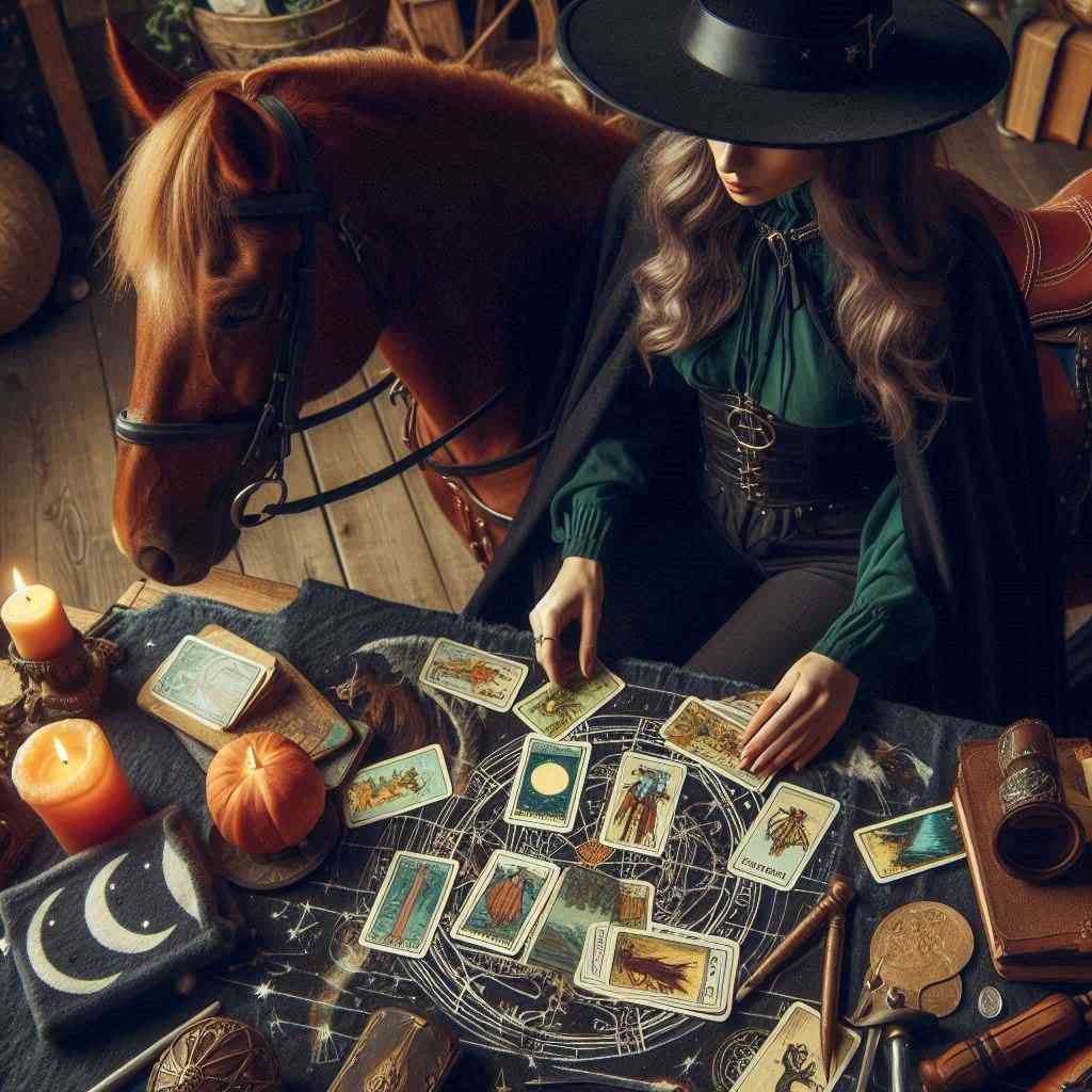 Mujer Tarotista junto a su caballo, interpretando una tirada de Tarot
