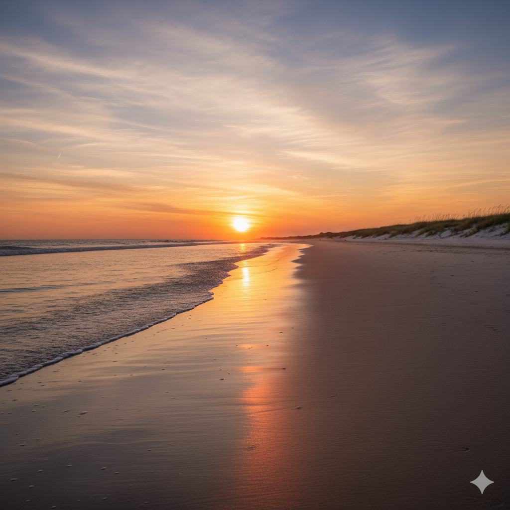 La imagen muestra el sol reflejando su luz sobre una playa