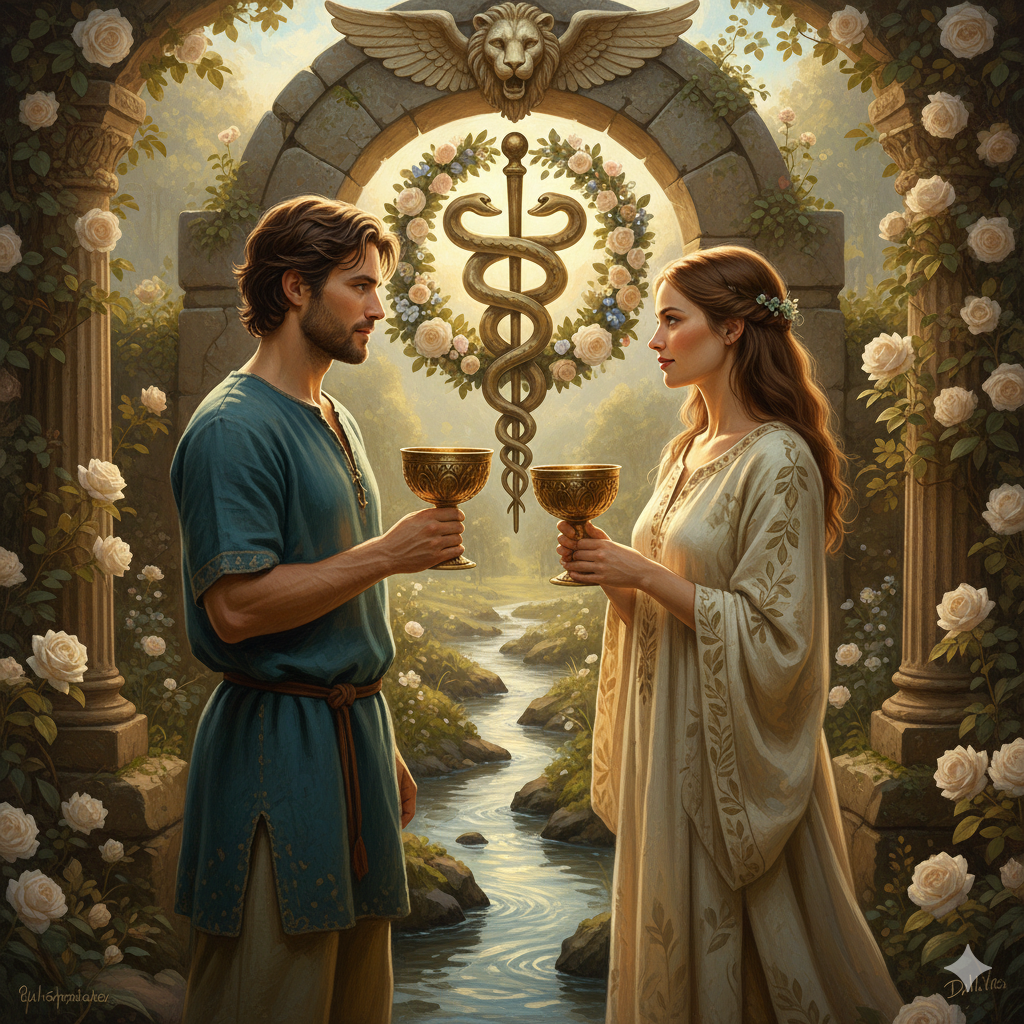 La imagen representa el dos de copas en el Tarot. Mostrando un hombre y una mujer juntos