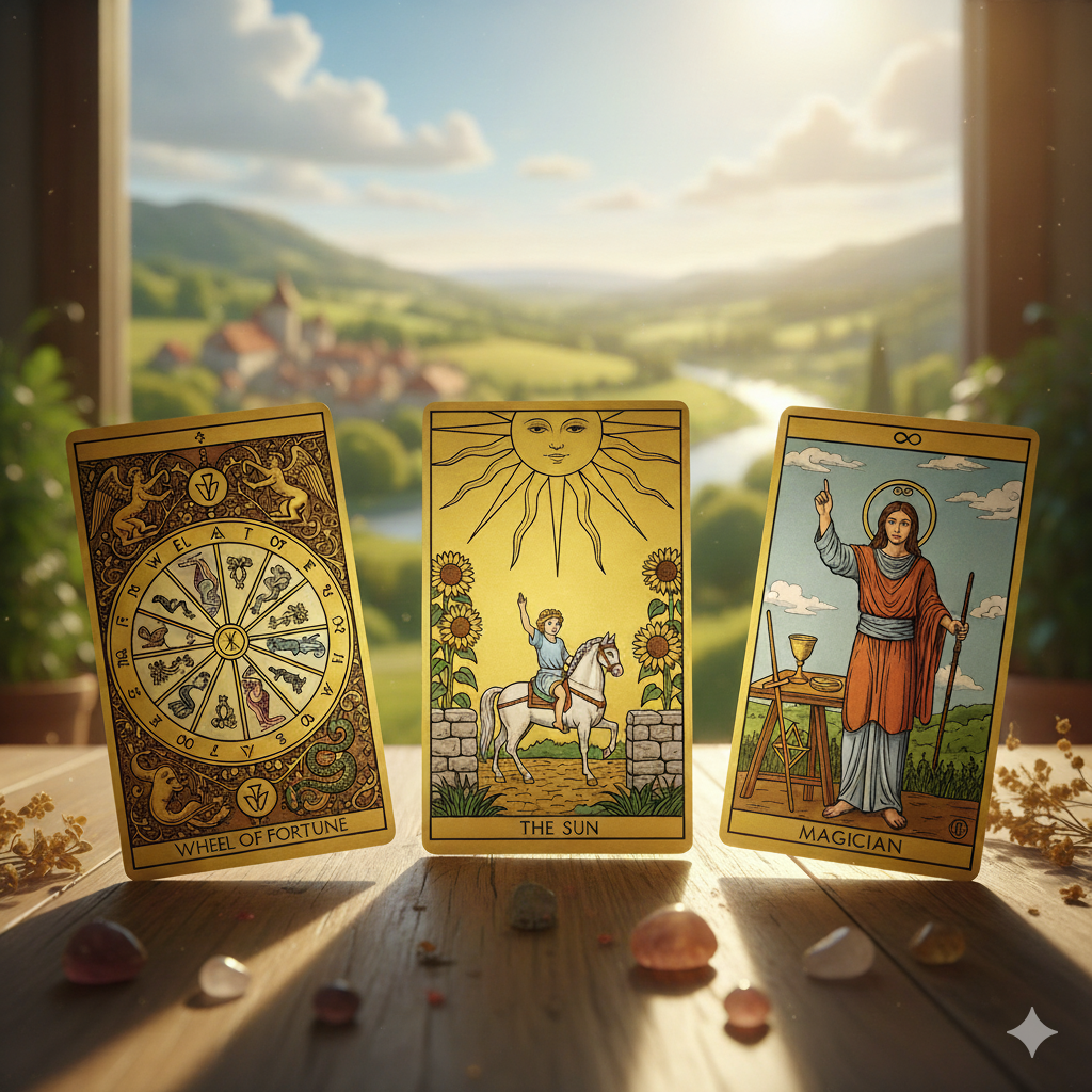 Cartas del tarot juntas: La Rueda de la Fortuna, El Sol y El Mago
